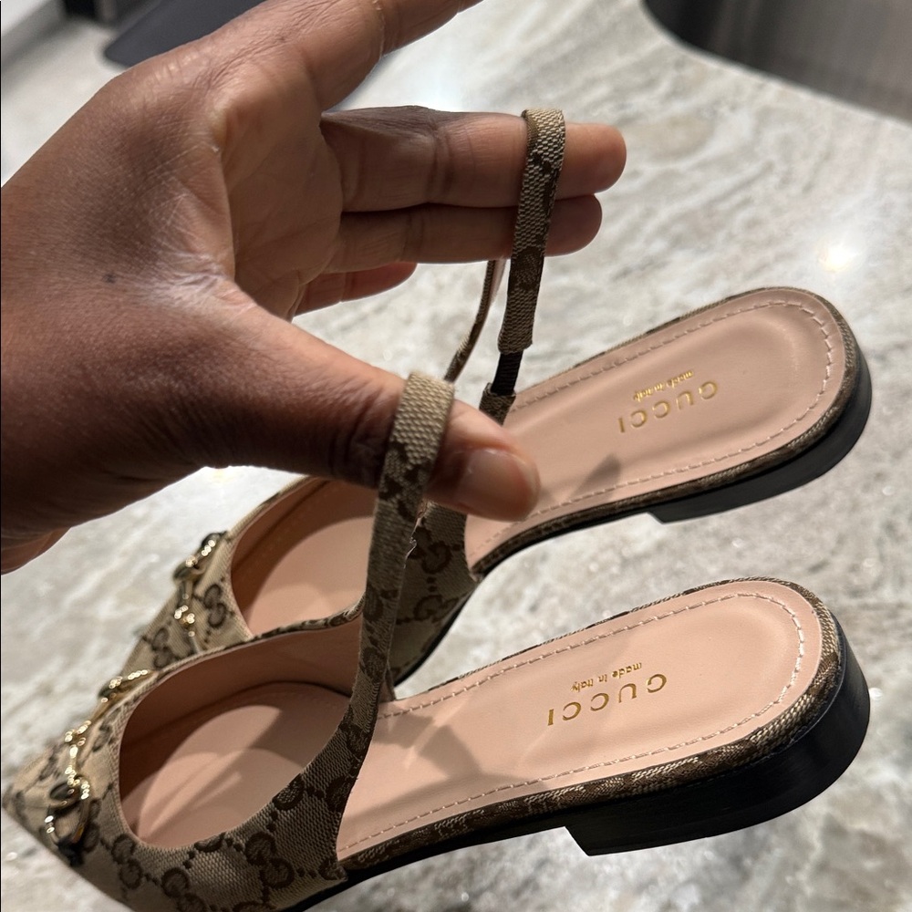 Gucci Tan Monogram Slingback Flats